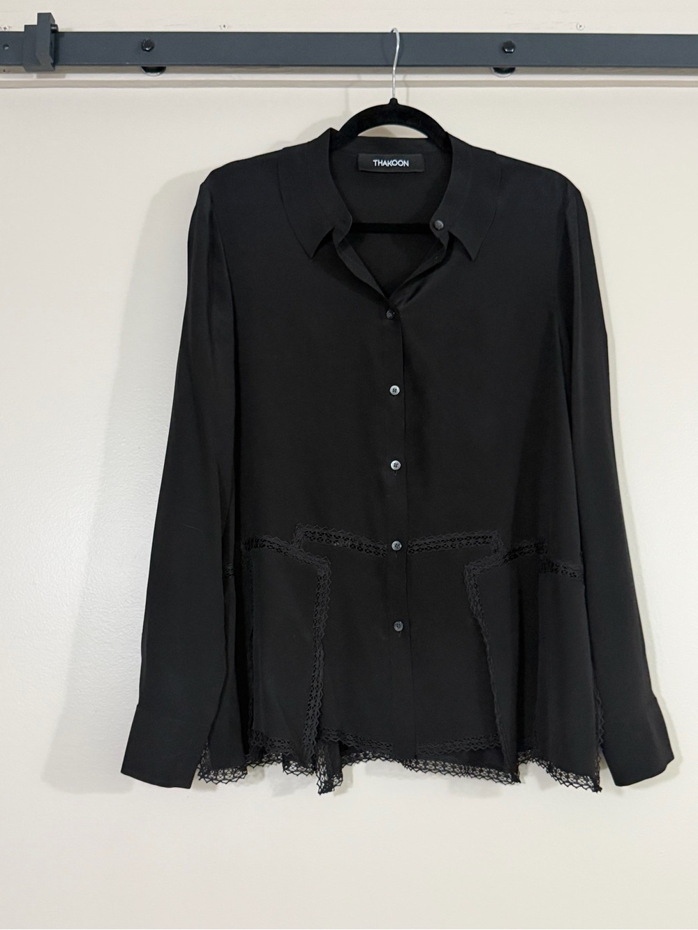 THAKOON Black SILK Lace-Trim Button-Up Shirt, sz m
